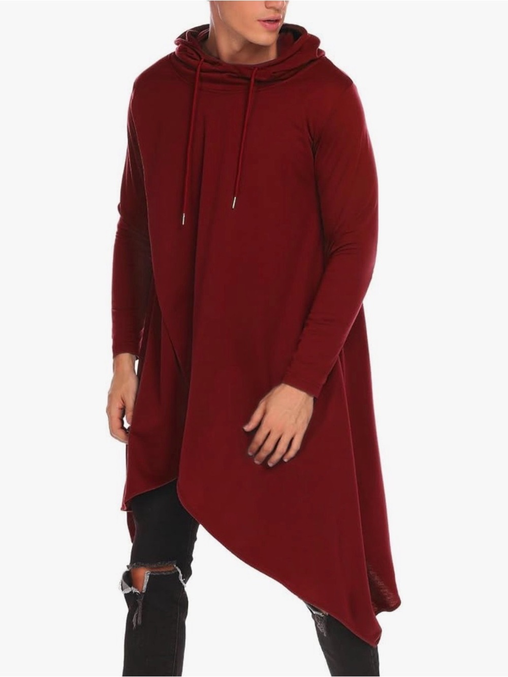 Men's Longline Hooded Tunic Shirt in Burgundy Red